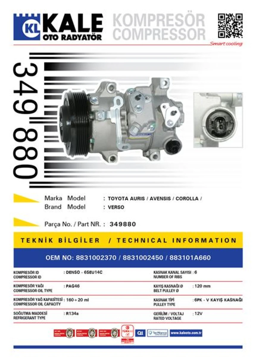 Toyota Klima Kompresoru Toyota Aurıs Corolla 1.6 2007-2012 Avensis 2008-> [6pk V Kayıs Kasnagı] [120mm] - Kale 349880