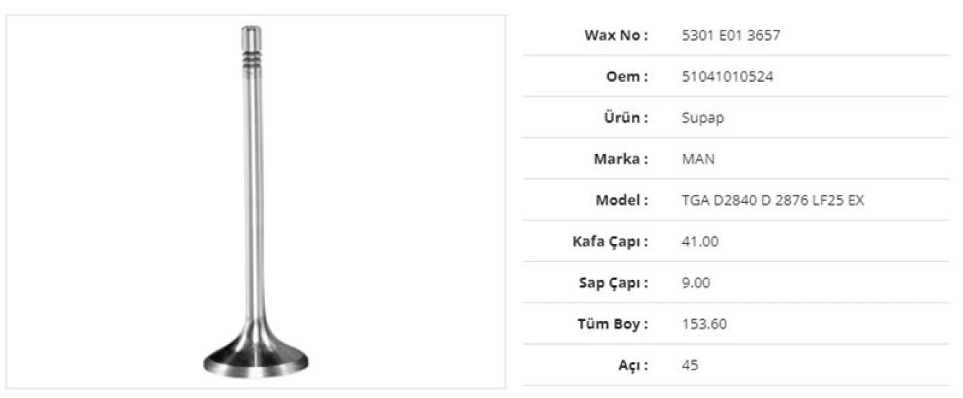 Man Truck Subap Egzoz Man Tga 18.480 D2876 41kx9sx153,6bx45a  (12adet) - Wax 5301 E01 3657