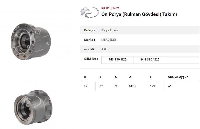 DINGIL PORYASI ÖN TEKER DISKLI RULMANLI KIT MERCEDES BENZ ACTROS AXOR 18040 - KURTSAN KK.01.39-02
