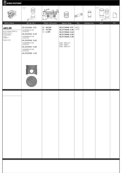 MOTOR PISTON SEGMAN 82,00MM (STD) DOBLO 1.9 D 01> - KINGPISTON 18-2050960-20
