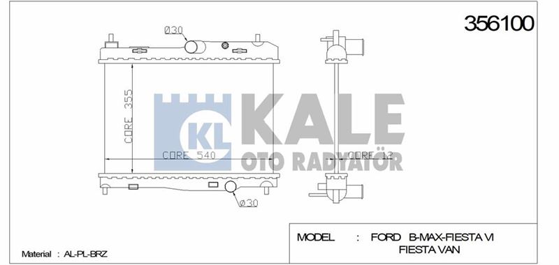 MOTOR SU RADYATORU FIESTA 1,25 16V / 1,4 16V 08 /> B MAX 1,4 16V 12 />  (350x558x18) - KALE 356100