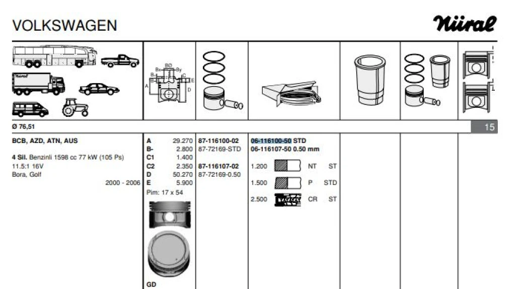 Vag Motor Segmanı Std 76.50mm Bora Golf IV V Caddy II III Lupo Polo Cordoba İbiza II III IV İnca Leon To - Goetze 61161005g
