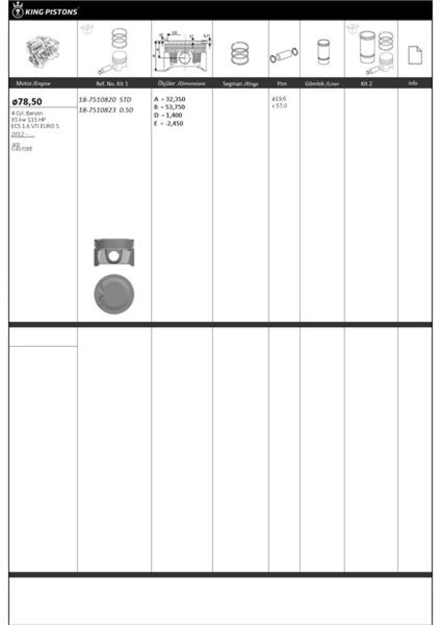 Psa Piston + Segman 78.5mm +0.50mm ( Riken Segmanlı ) 301*c-Elysee Ec5 1.6 Vti Euro 5 Engine - Kingpiston 18-7510823