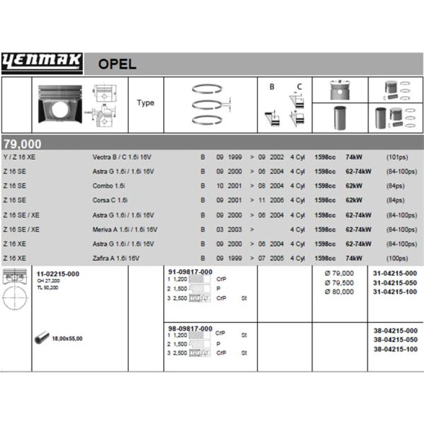 Opel Piston Segman { 1mm Farklı } Astra Meriva Vectra Zafıra Y16xe Z16xe - Yenmak 31-04215-100
