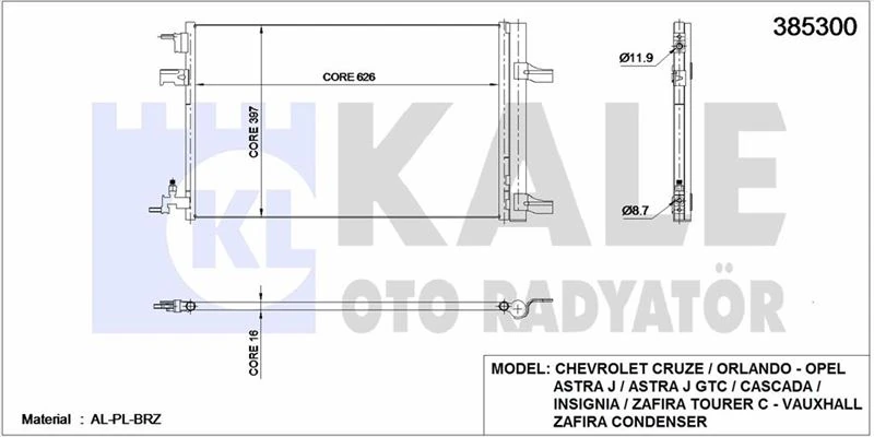 Opel Klima Radyatoru Astra J İnsignia Zafıra C Cruze 1.4 / 1.6 / 1.7 / 2.0 - Kale 385300