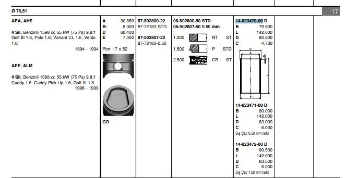 Vag Motor Gomlek Vw Audı Dizel (76,51mm) - Goetze 40234700g