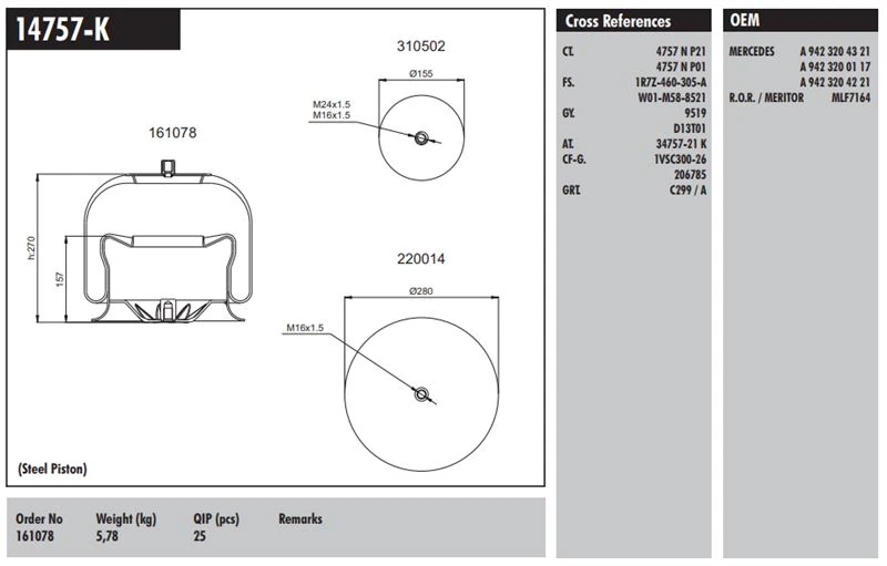 Dorse Truck Komple Metal Pistonlu Chrysler Mercedes Benz Ror Dorse - Connect MD 14757-K