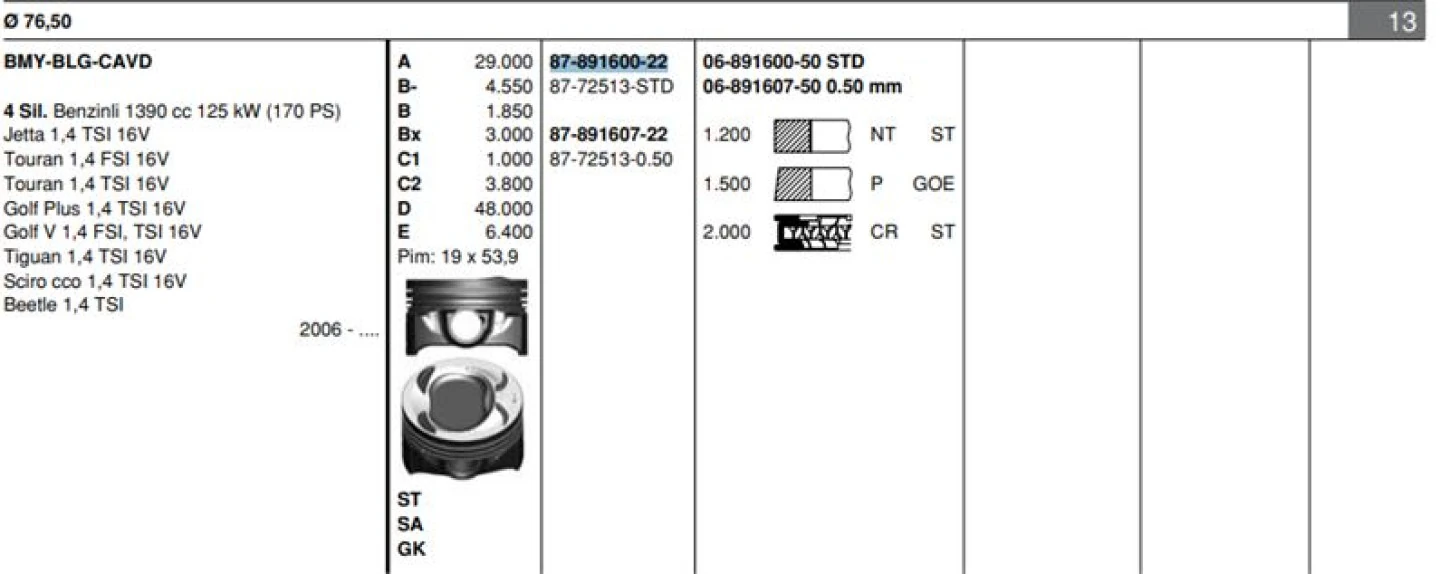 Vag Piston+segman (76,51mm Std) Golf V / VI / Plus Alhamra Beetle (touran 1,4tsi / Fsi) Eos Jetta III / - Goetze 8772513std000g