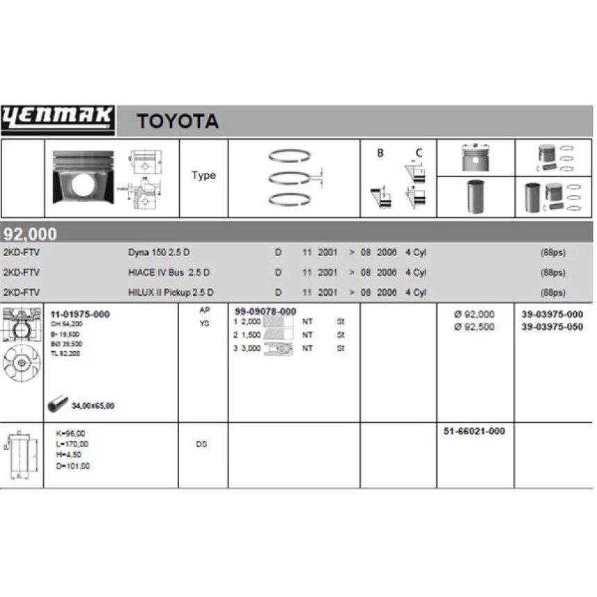 Toyota Ticarı Motor Piston Segman Std (npr Segmanlı) Hilux Vigo 2,5 Td 2006 -> 92 MM (2kd Ftv Motor) Yanma Hucresi - Yenmak 36-03975-000
