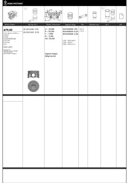 MOTOR PISTON+SEGMANI ( RIKEN )  79,00+STDmm CAP INSIGNIA A COUNTRY TOURER (G09) 1.6 SIDI (47) OTTO S - KINGPISTON 18-3012440