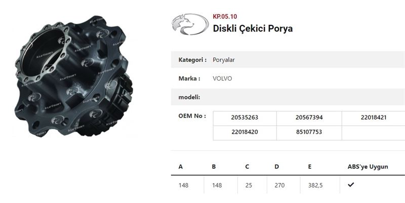 DINGIL PORYASI ARKA TEKER DISKLI RULMANSIZ RENAULT C-D-T SERI 13> / VOLVO FH-FM-FHII-FMII - KURTSAN KP.05.10
