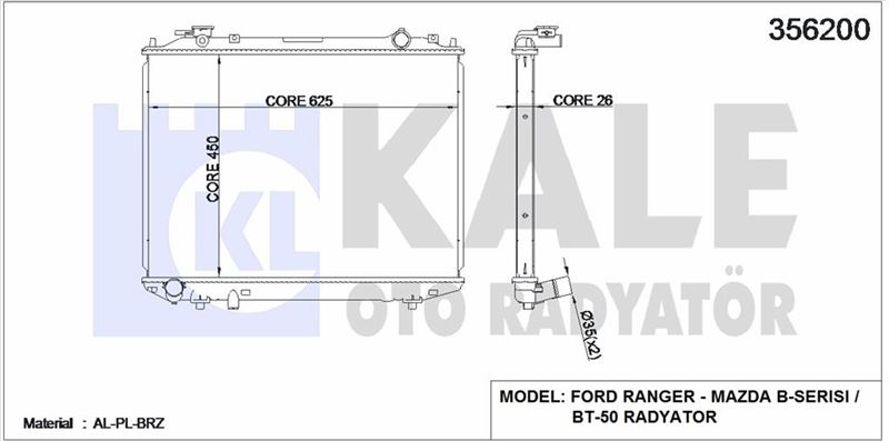 MOTOR SU RADYATORU MAZDA B2500 BT50 06> FORD RANGER MANUEL (537X377X60) - KALE 356200