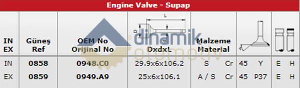 SUBAP EMME / EGSOZ TAKIMI EXPERT JUMPY SCUDO P806 P807 C8 EVASION 2,0HDI DW10ATED4 IN 8 (29,9*6*106, - GUNES 0858-0859