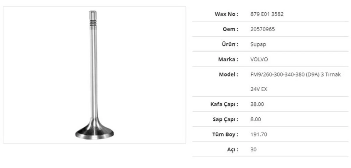 Volvo Truck Subap Egzoz Volvo Fm9/260-300-340-380(d9a ) 3 Tirnak 24v 38kx8sx191,7bx30a (12adet) - Wax 879 E01 3582
