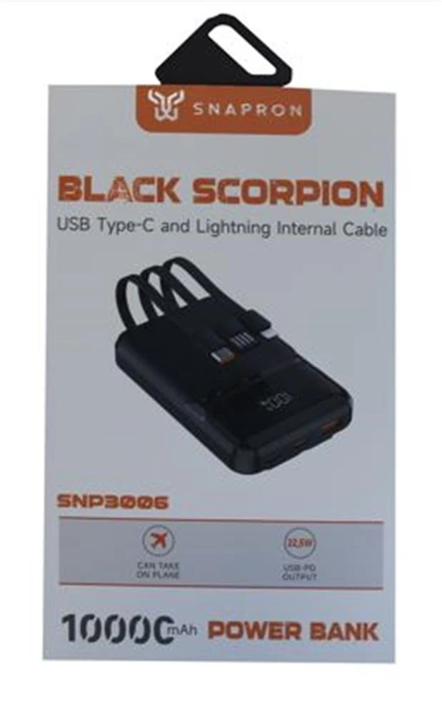 SnapMax SNP-3006 10.000 mah Hızlı Şarj LED Göstergeli 3in1 Dahili Kablolu Powerbank