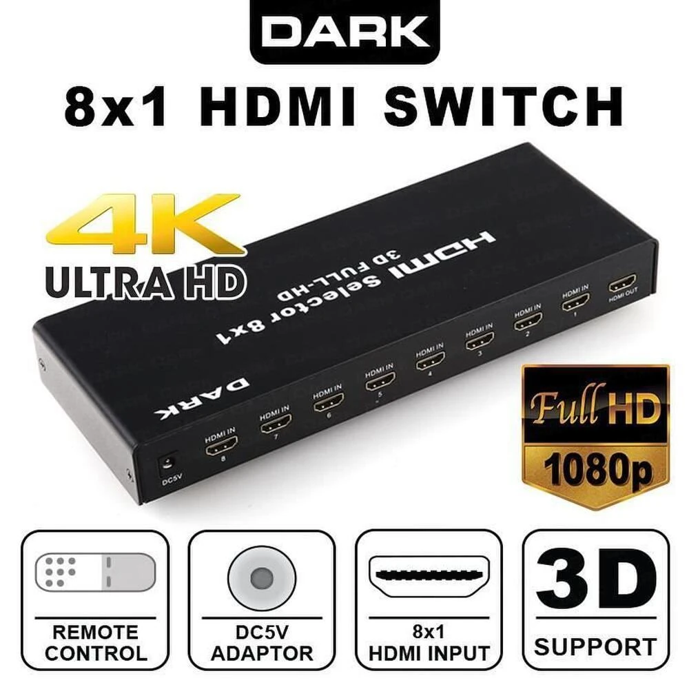 Dark DK-HD-SW8X1 Full HD 8 Giriş 1 Çıkışlı Uzaktan Kumandalı HDMI Switch (Seçici)