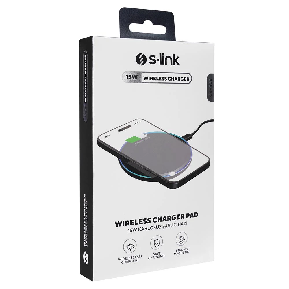 S-link SL-CWF65 Mobil Telefon Uyumlu 15W LED Logo PRM Siyah Kablosuz Şarj Cihazı