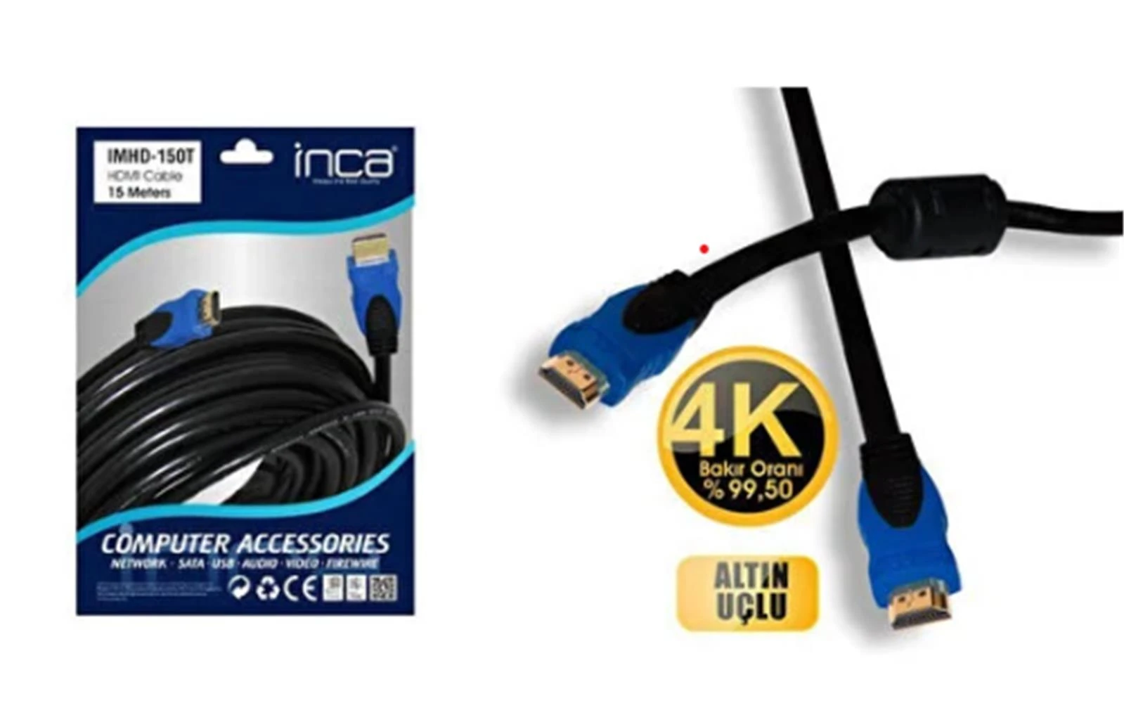 Inca IMHD-150T 15mt 4K 1,4 V 3 D Altın Uçlu Hdmı To Hdmı Kablo (99,5 Bakır)