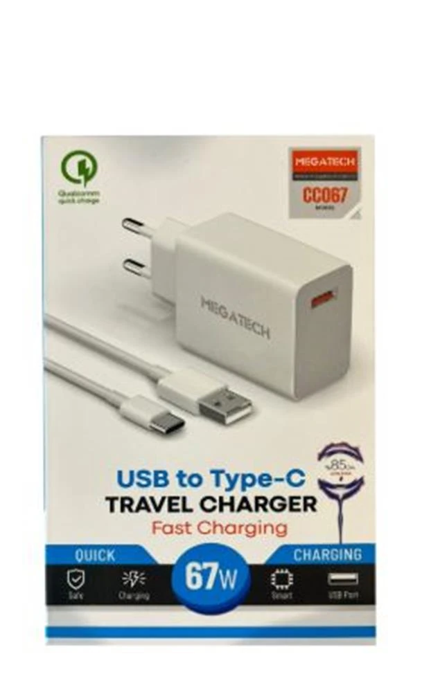 Megatech 67w Turbo Şarj Gösterme EvŞarj Kafa + Type-C Şarj Kablosu