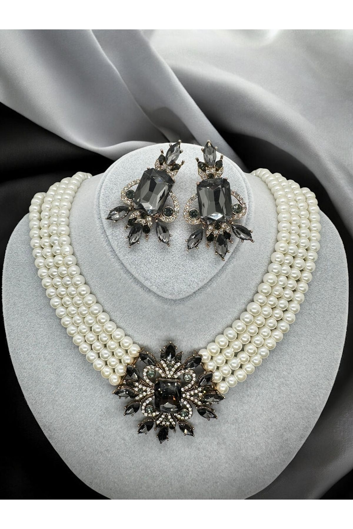 Kristal Taşlı İnci Kolye, Küpe Set