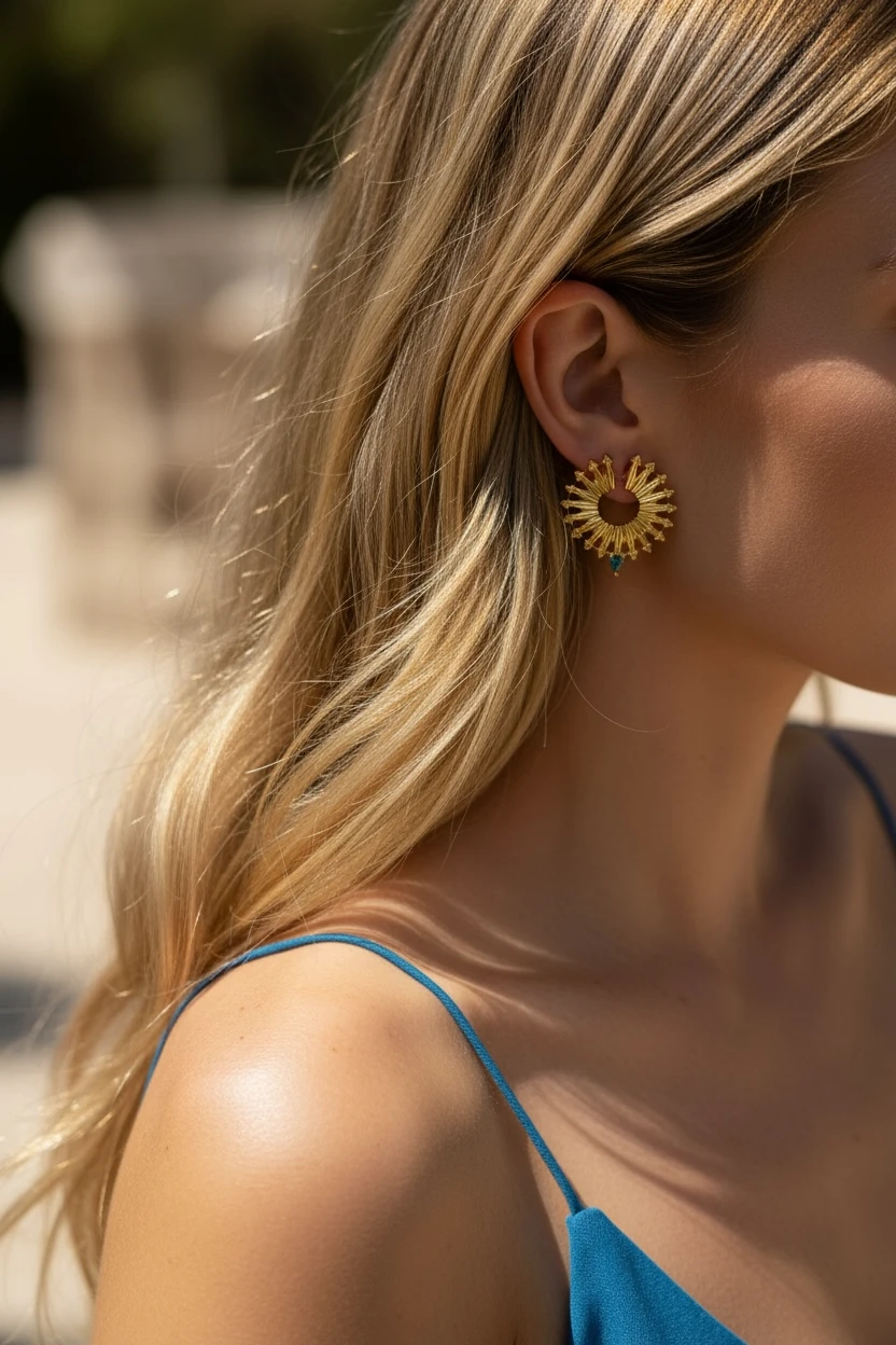 14K Gold Kaplama Zirkon Taşlı Renkli Taş Detay Güneş Küpe main variant image