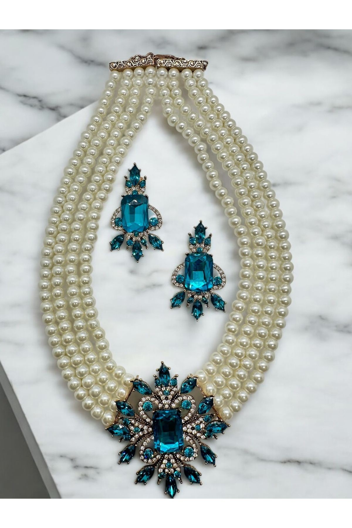 Kristal Taşlı İnci Kolye, Küpe Set main variant image