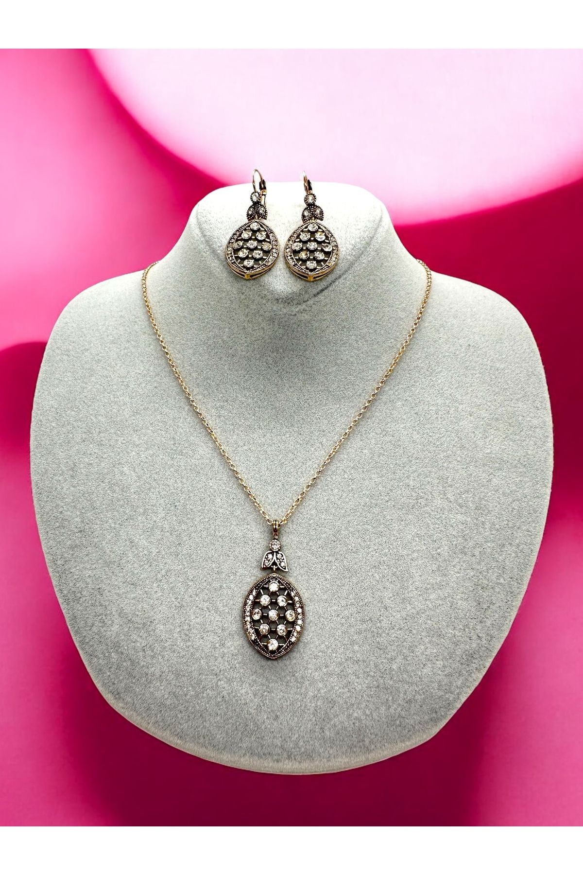 Taşlı Oval Kolye, Küpe Set