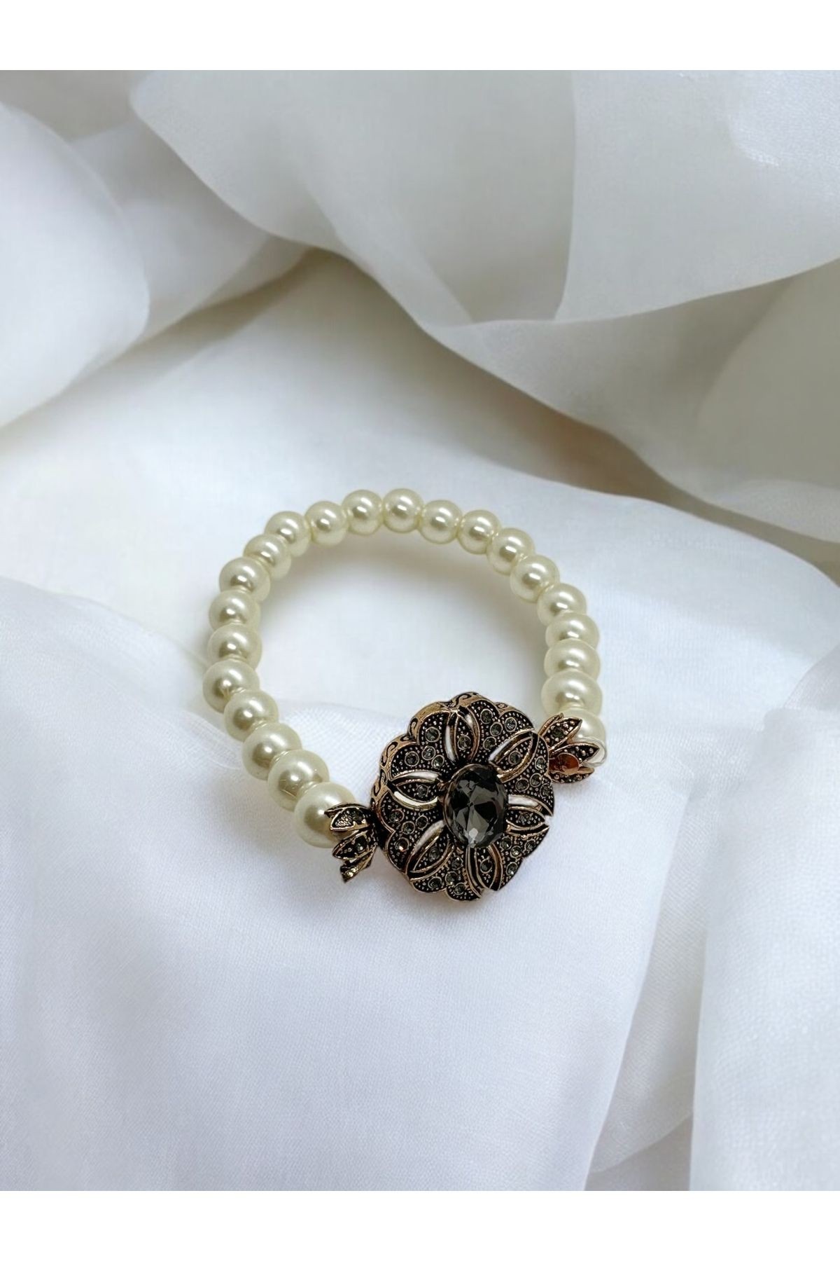 Black Diamond Taşlı Çiçek İnci Bileklik image
