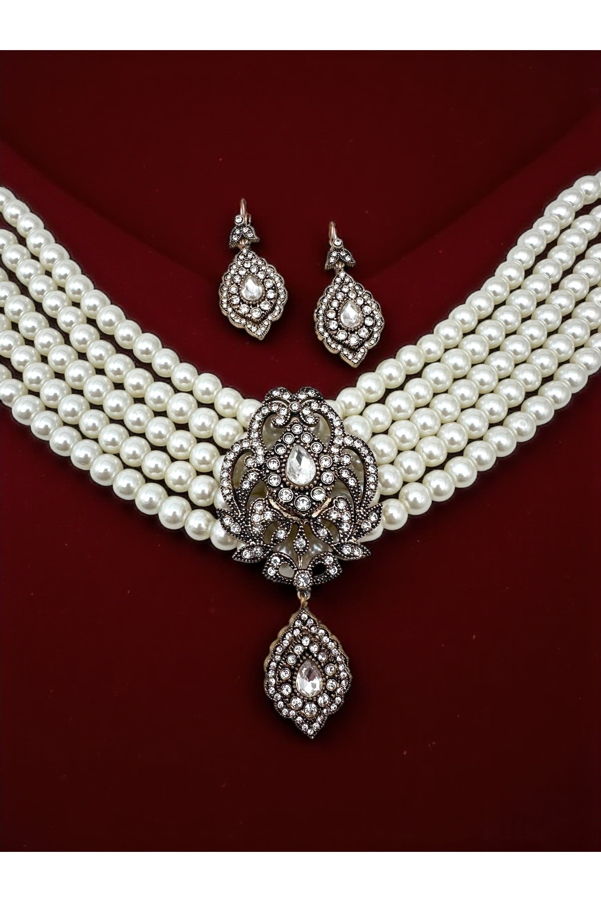 Damla Sallantılı Elmas Montür İnci Tasma Kolye, Küpe Set main variant image