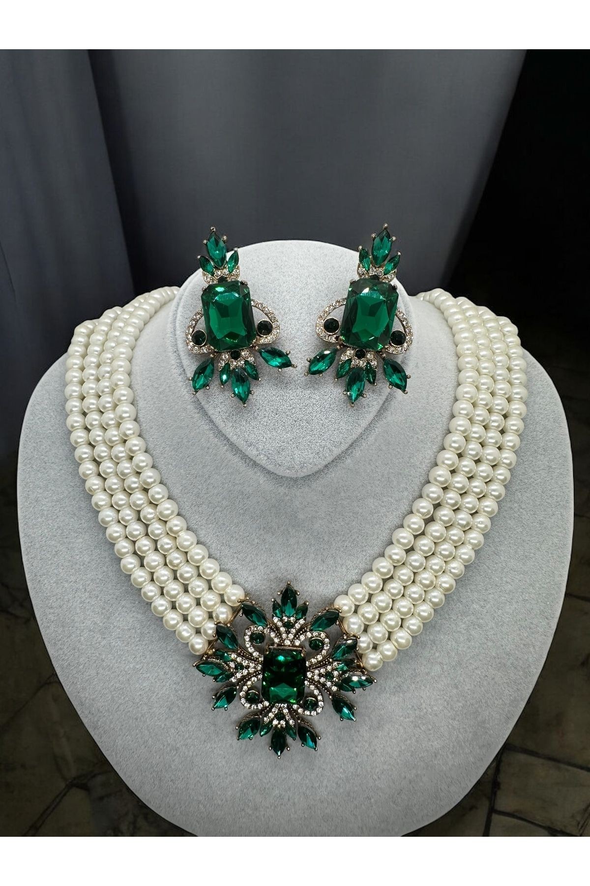 Kristal Taşlı İnci Kolye, Küpe Set