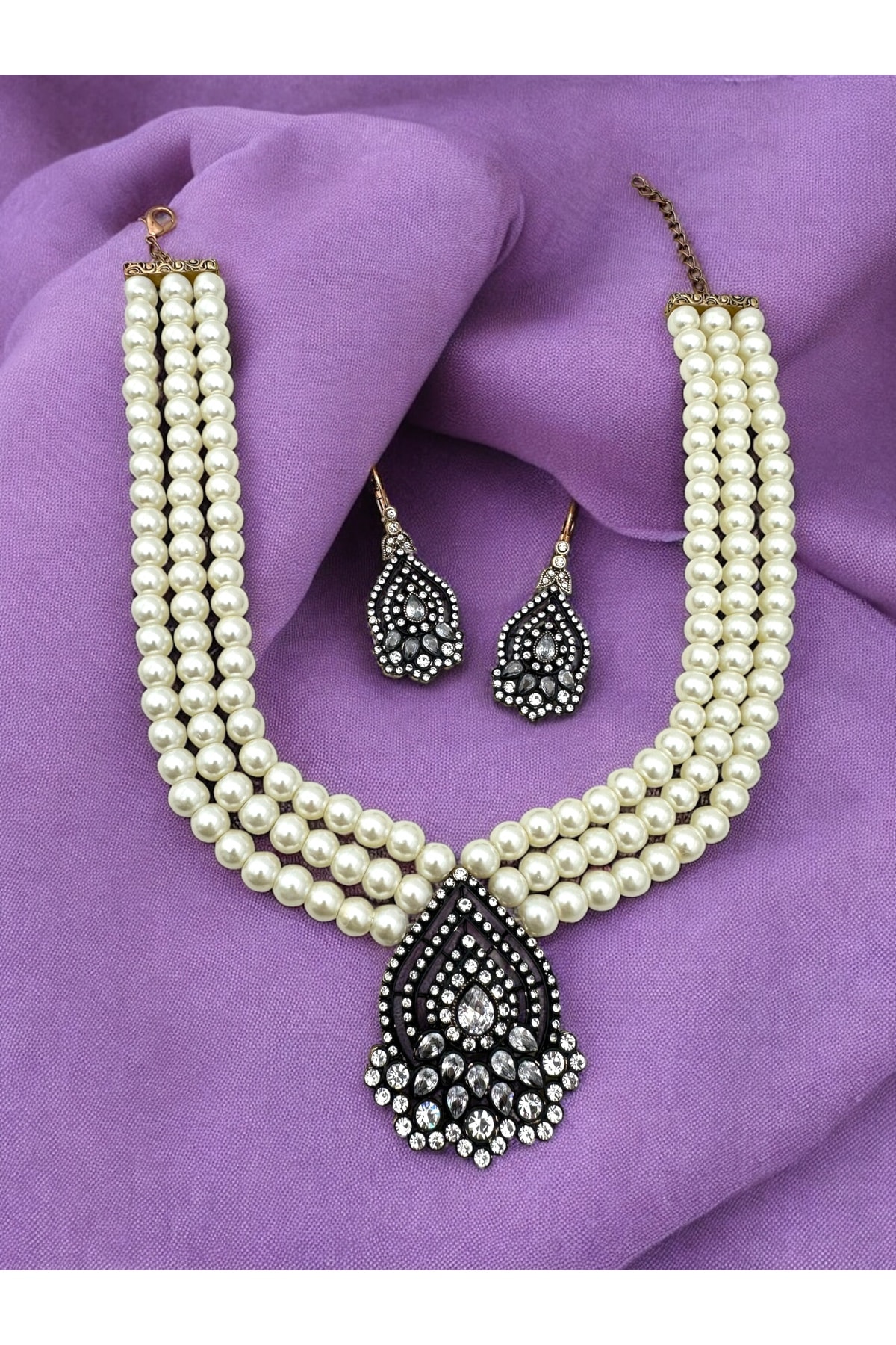 Elmas Montür Damla İnci Kolye, Küpe Set main variant image