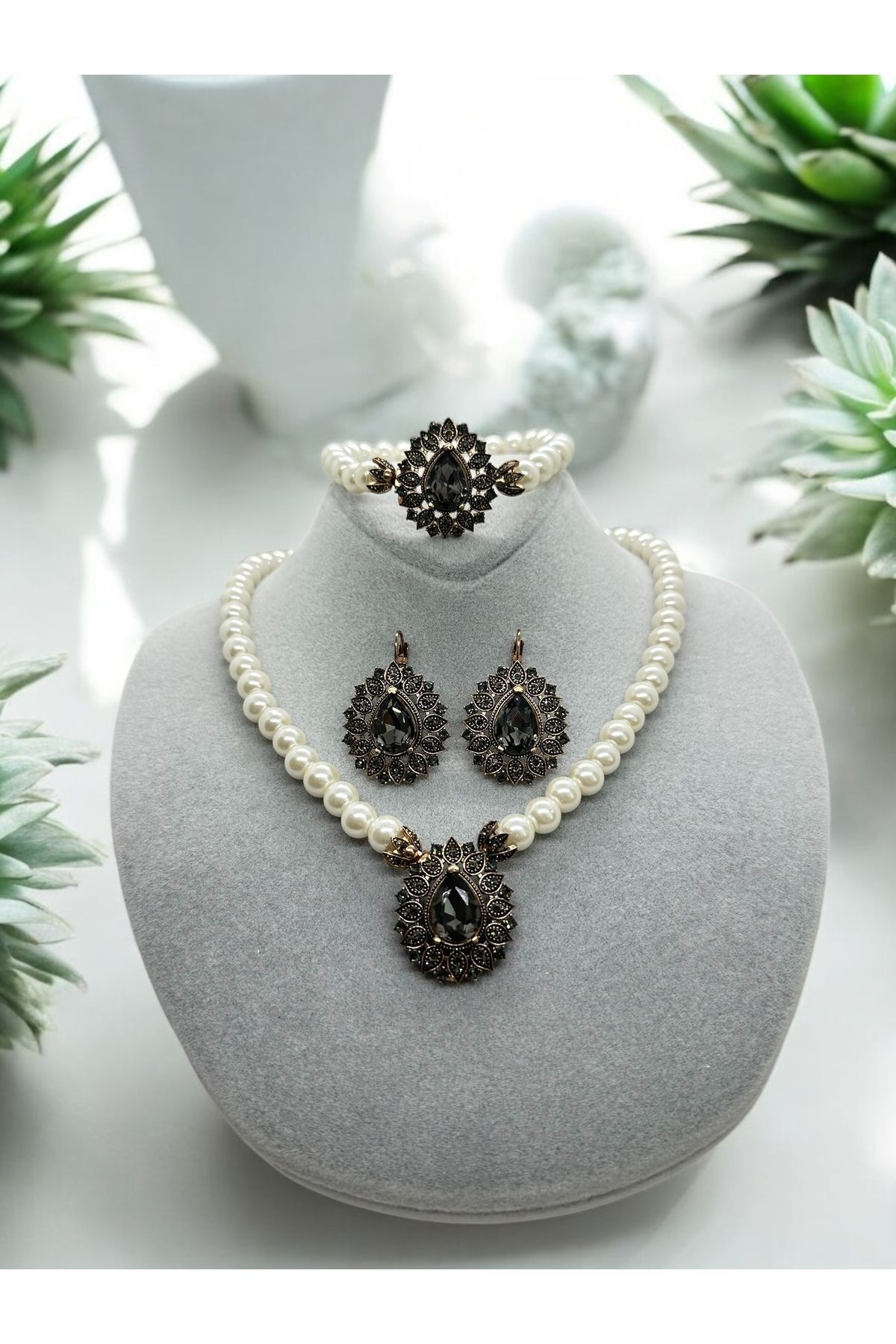 Black Diamond Damla İnci Kolye, Küpe, Bileklik Set