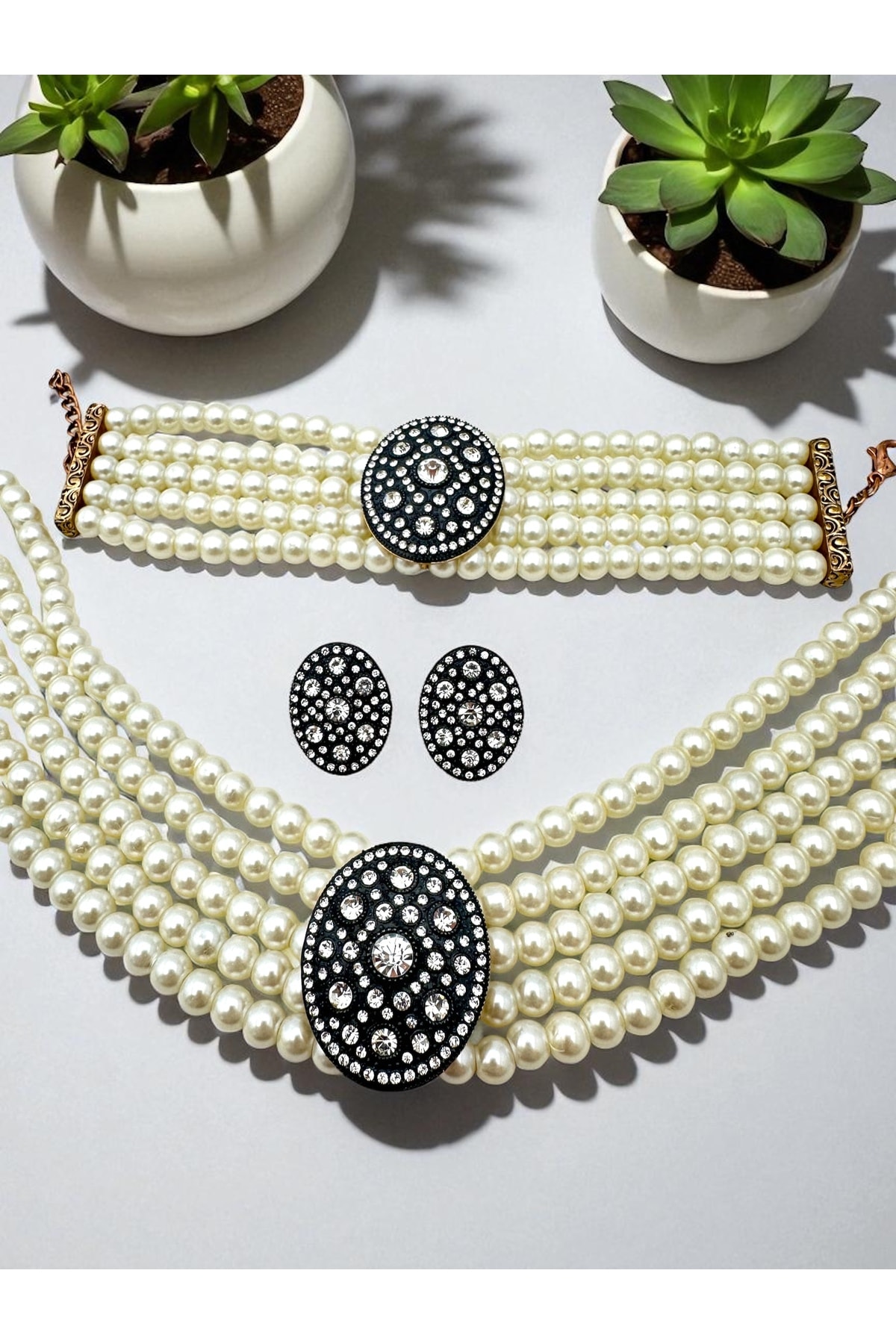 Zirkon Taş Detaylı İnci Tasma Kolye, Küpe ve Bileklik Set main variant image