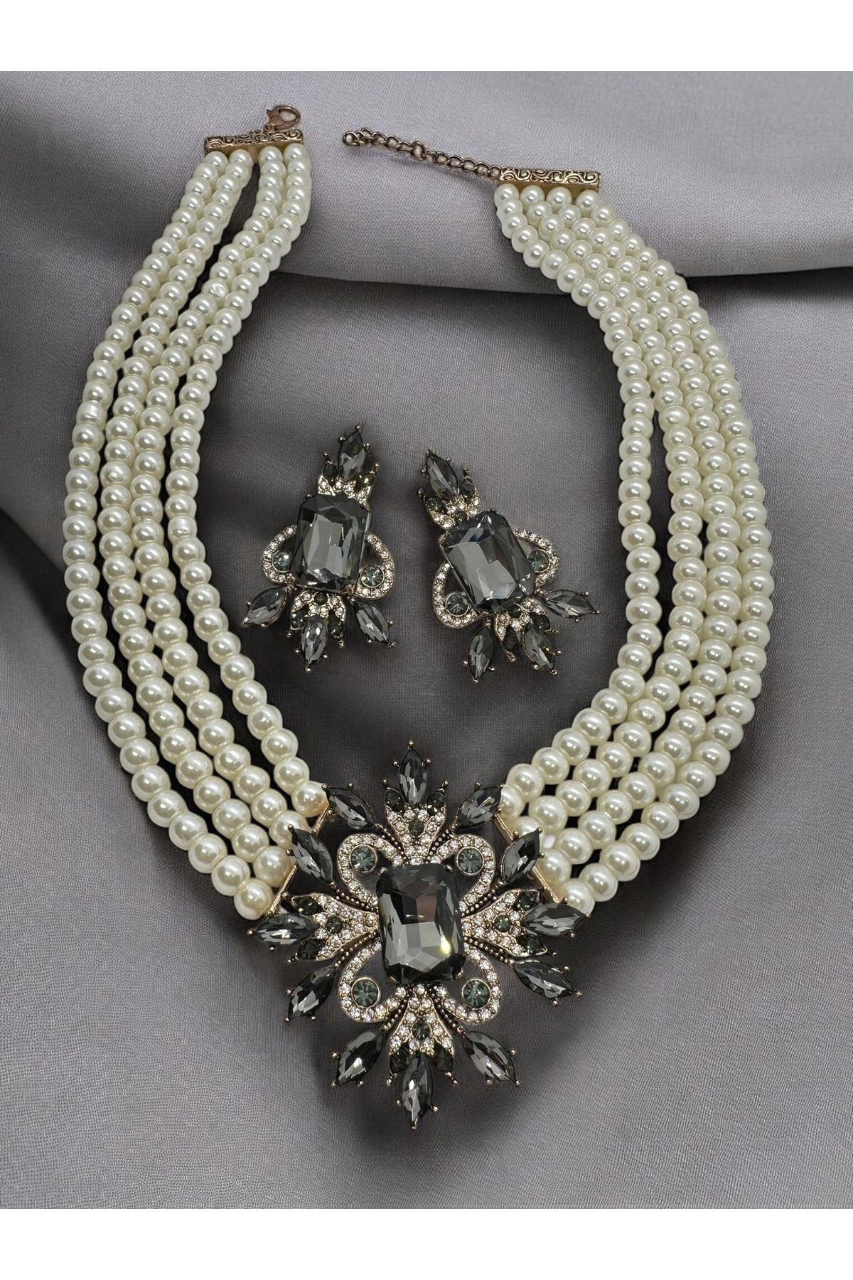 Kristal Taşlı İnci Kolye, Küpe Set main variant image