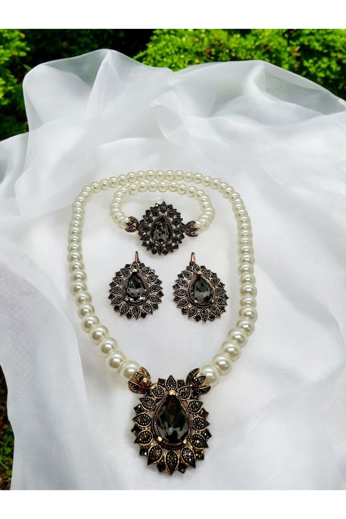 Black Diamond Damla İnci Kolye, Küpe, Bileklik Set main variant image