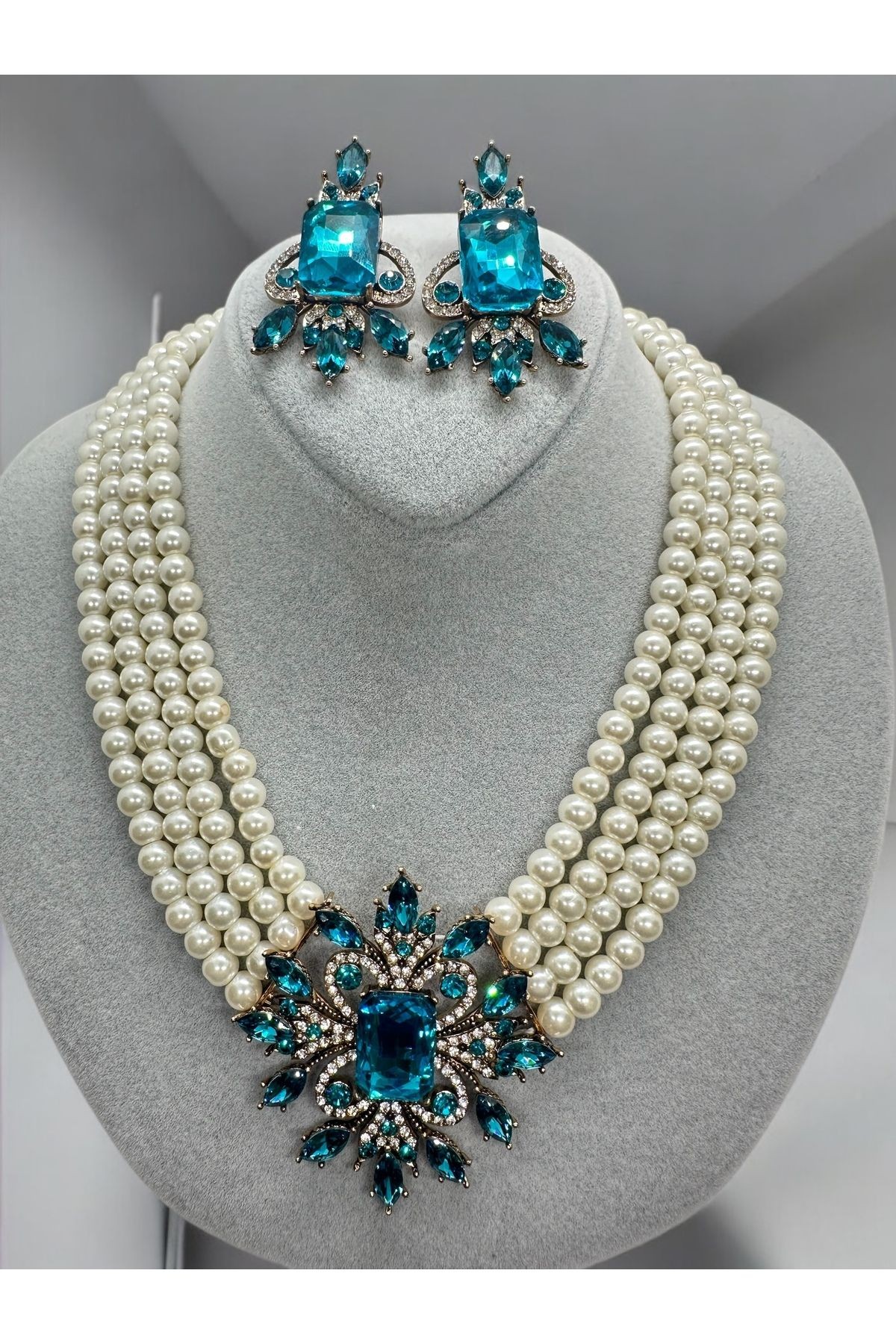Kristal Taşlı İnci Kolye, Küpe Set