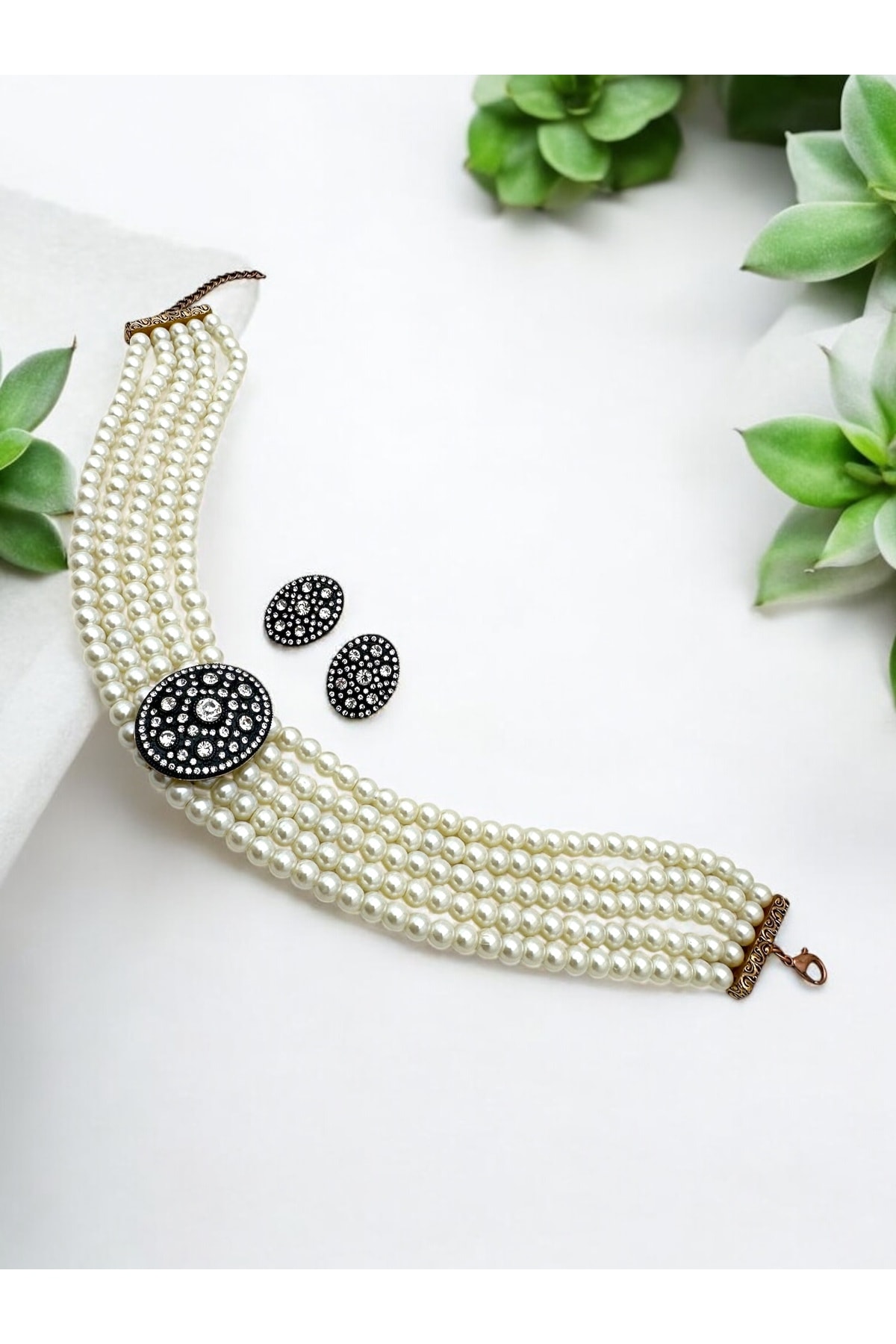 Zirkon Taş Detaylı İnci Tasma Kolye, Küpe Set