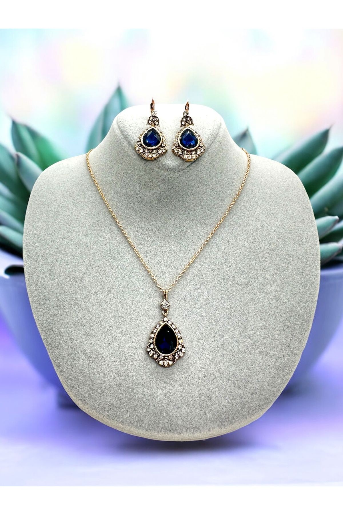 Zirkon Taş Detaylı Damla Kristal Kolye, Küpe Set