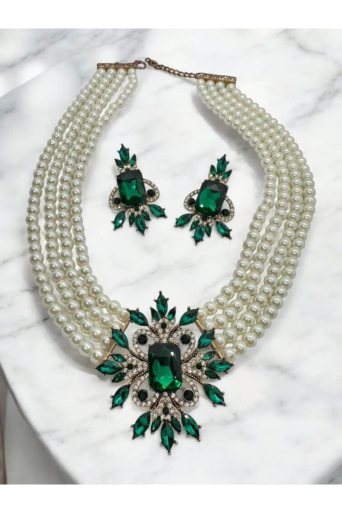 Kristal Taşlı İnci Kolye, Küpe Set main variant image