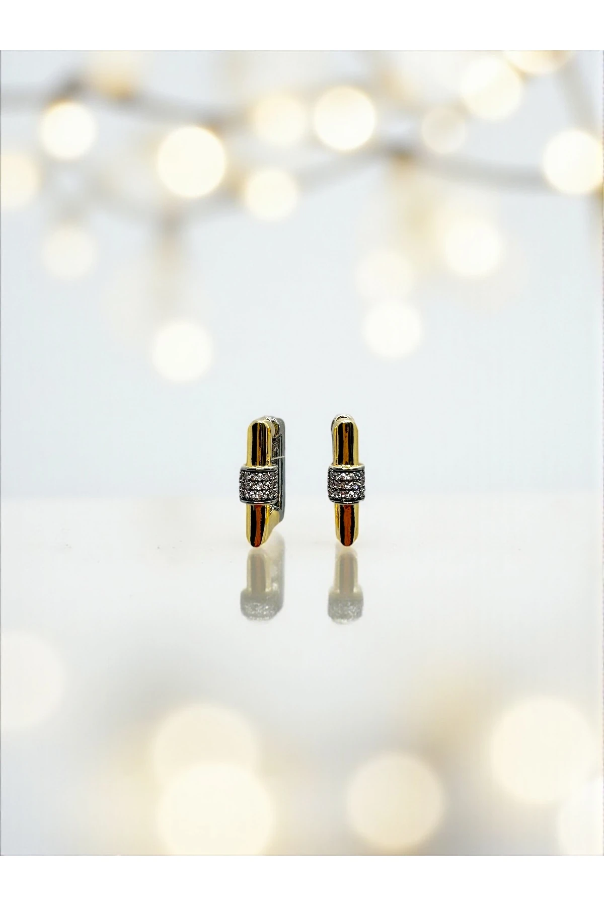 14K Gold ve Rodyum Kaplama Zirkon Taşlı Çift Taraflı Küpe