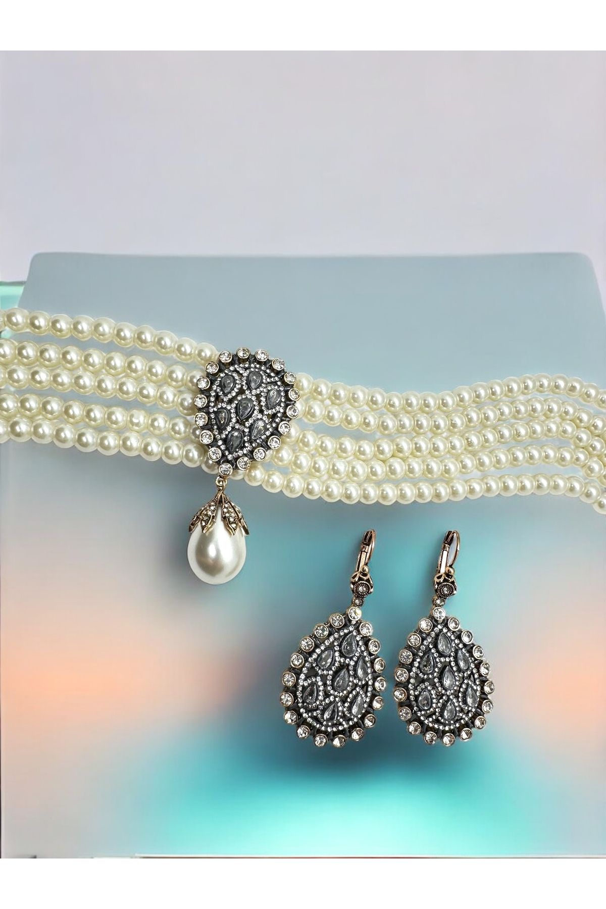 Elmas Montür Zirkon Taşlı İnci Kolye, Küpe Set main variant image