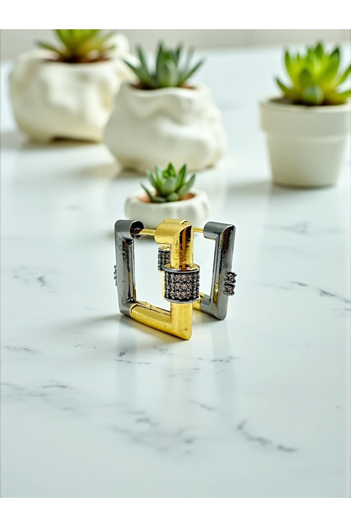 14K Gold ve Rodyum Kaplama Zirkon Taşlı Çift Taraflı Küpe main variant image