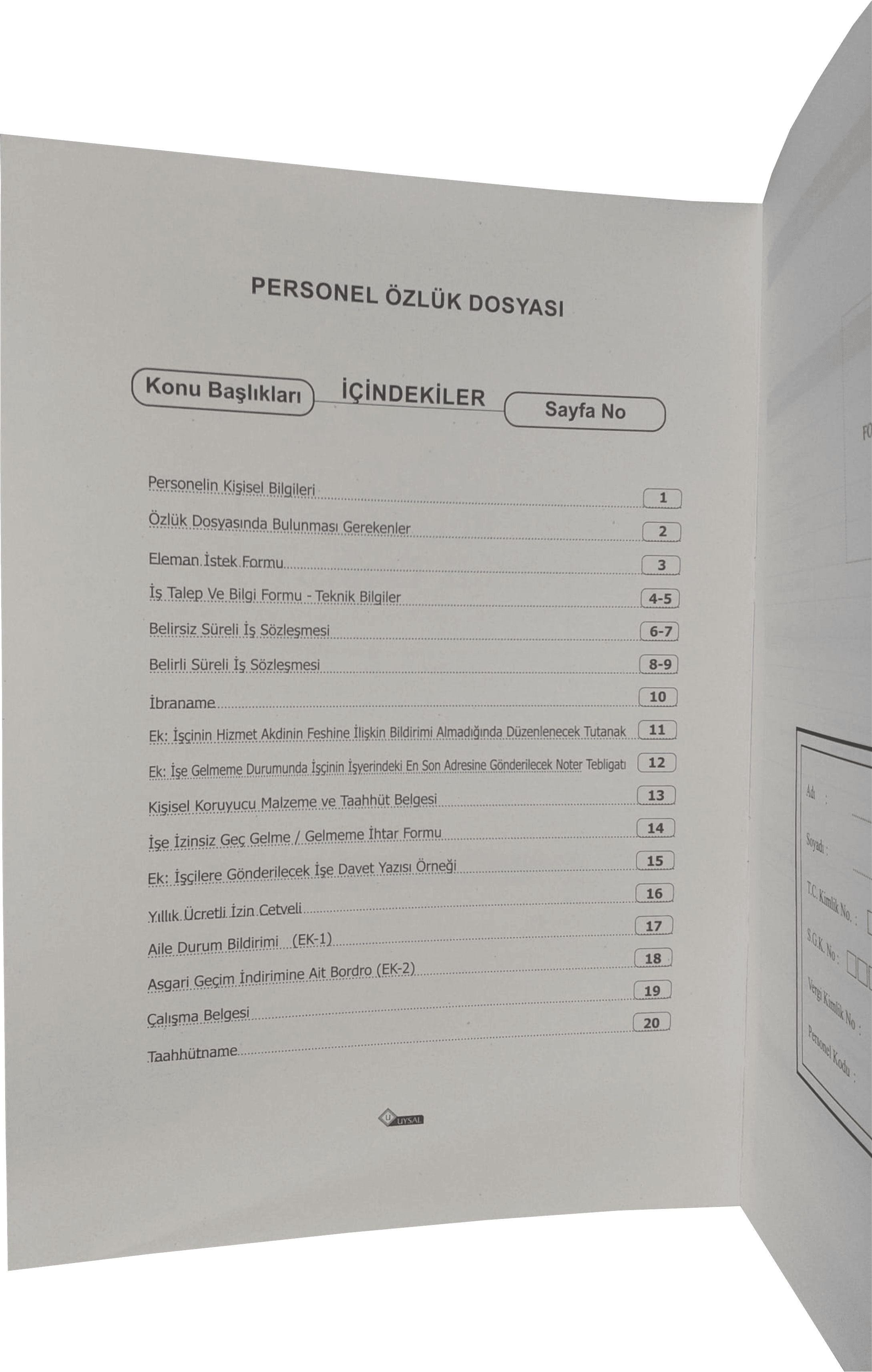 UYSAL Personel Özlük Dosyası 22 X 31 Cm(Omega Dikiş) 25 li Paket