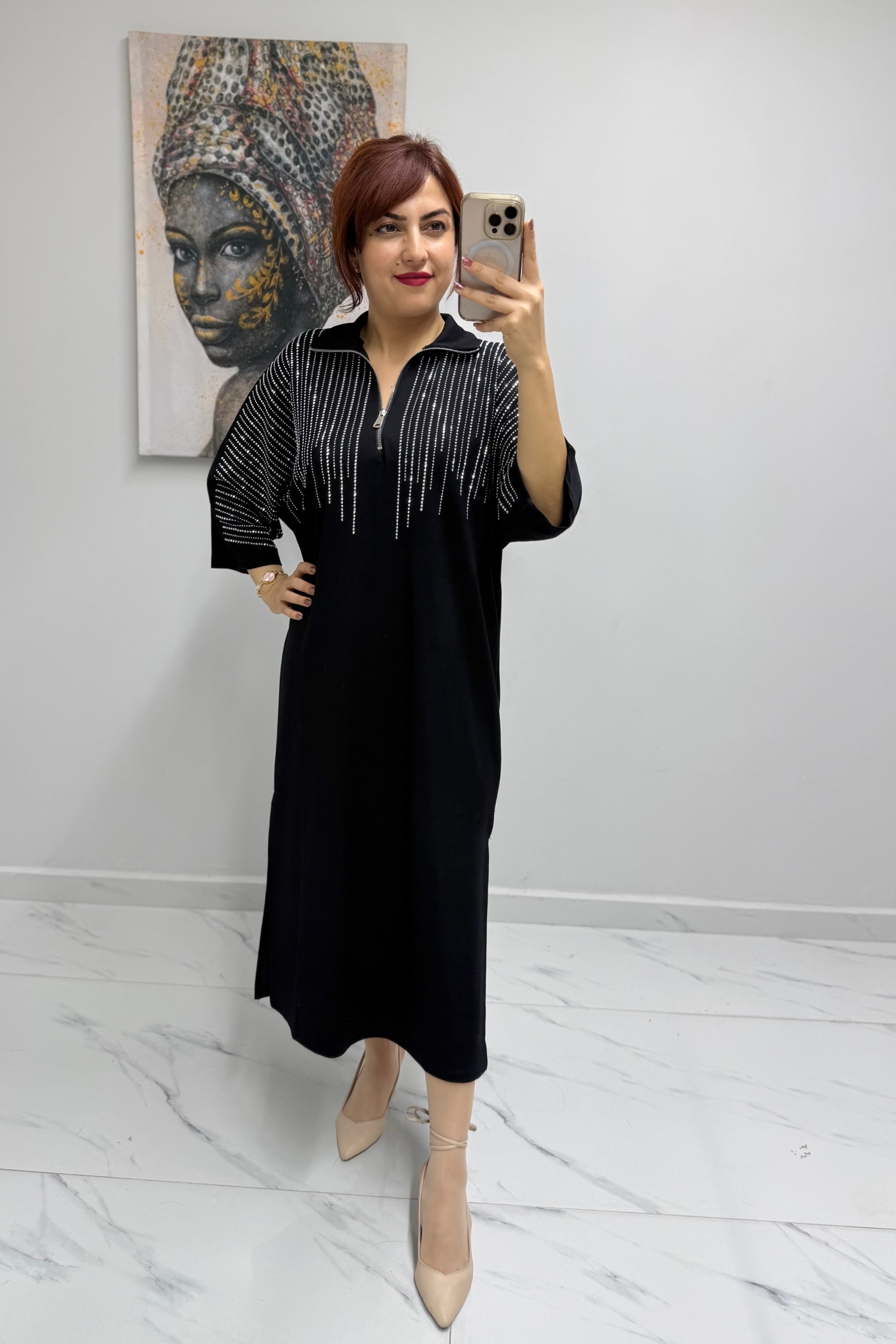 Taşlı Fermuarlı Modal Elbise