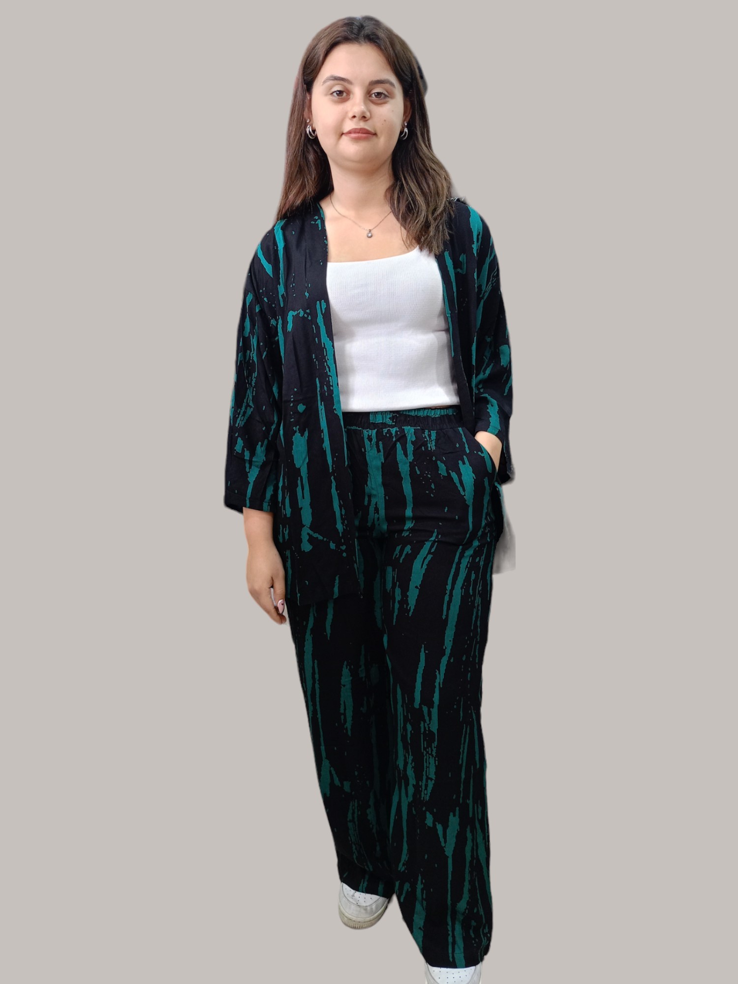Viskon Desenli Kimono Takım