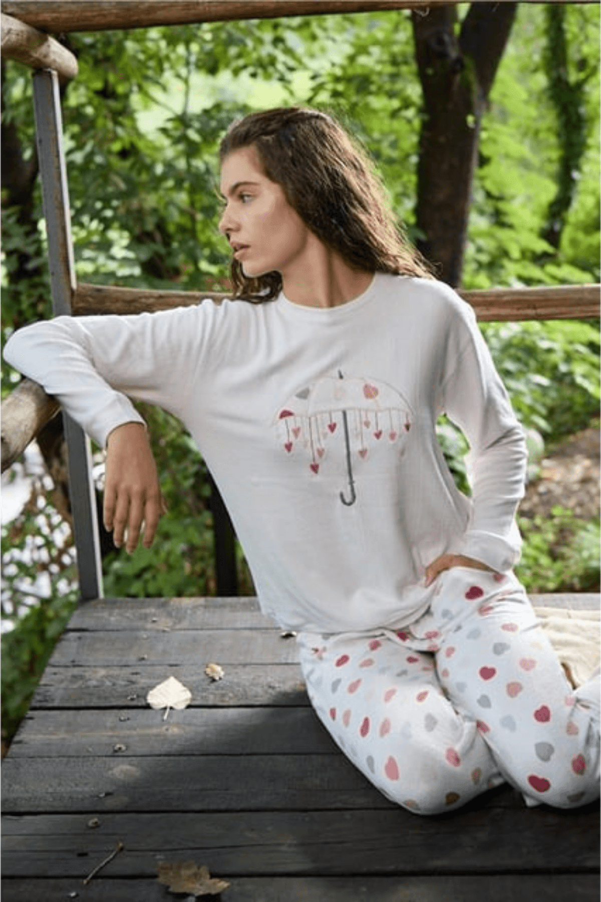 Kalp Desenli Kadın Termal Pijama Takımı