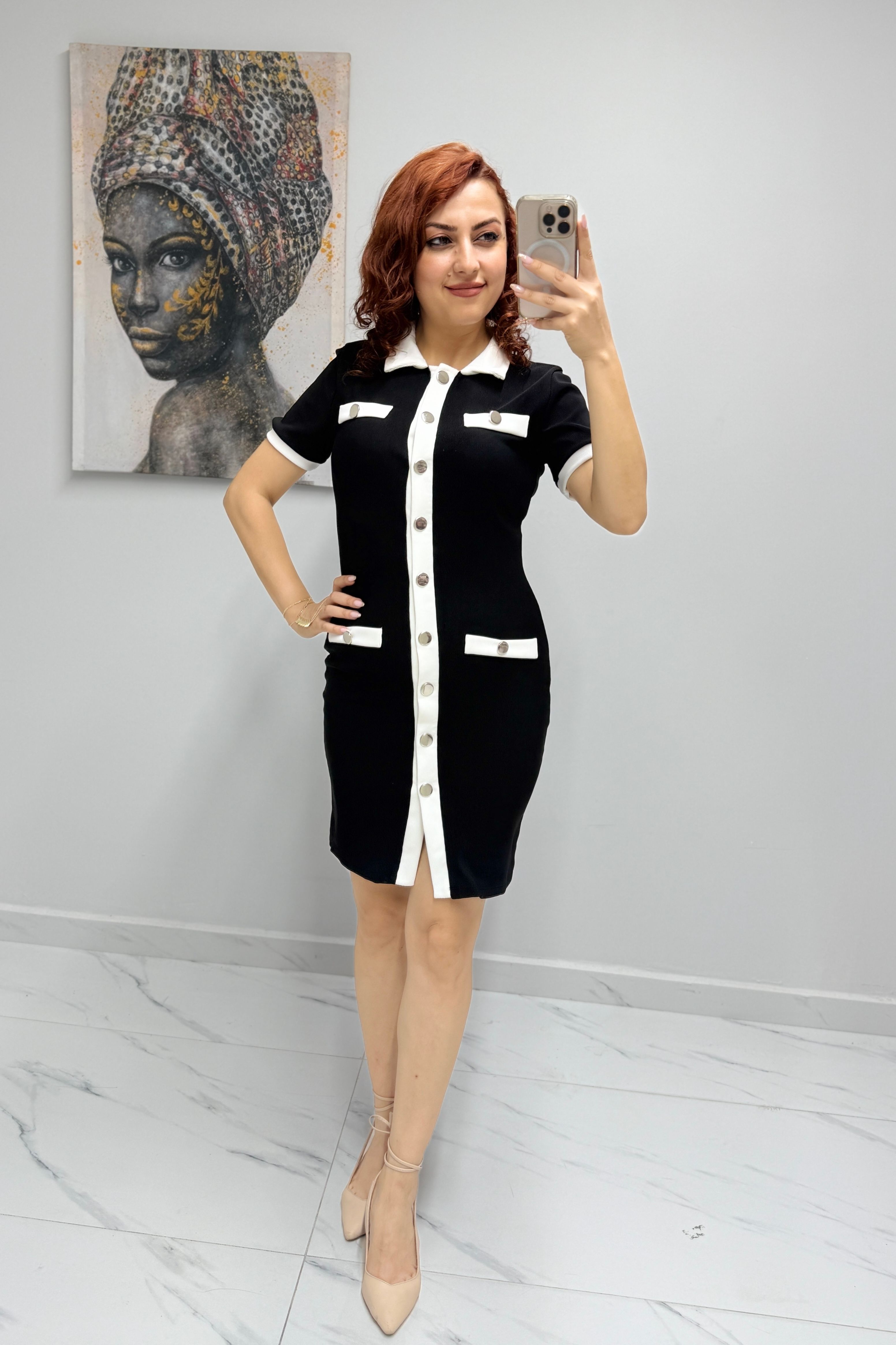 Ottoman Kumaş Düğmeli Kısa Kollu Elbise