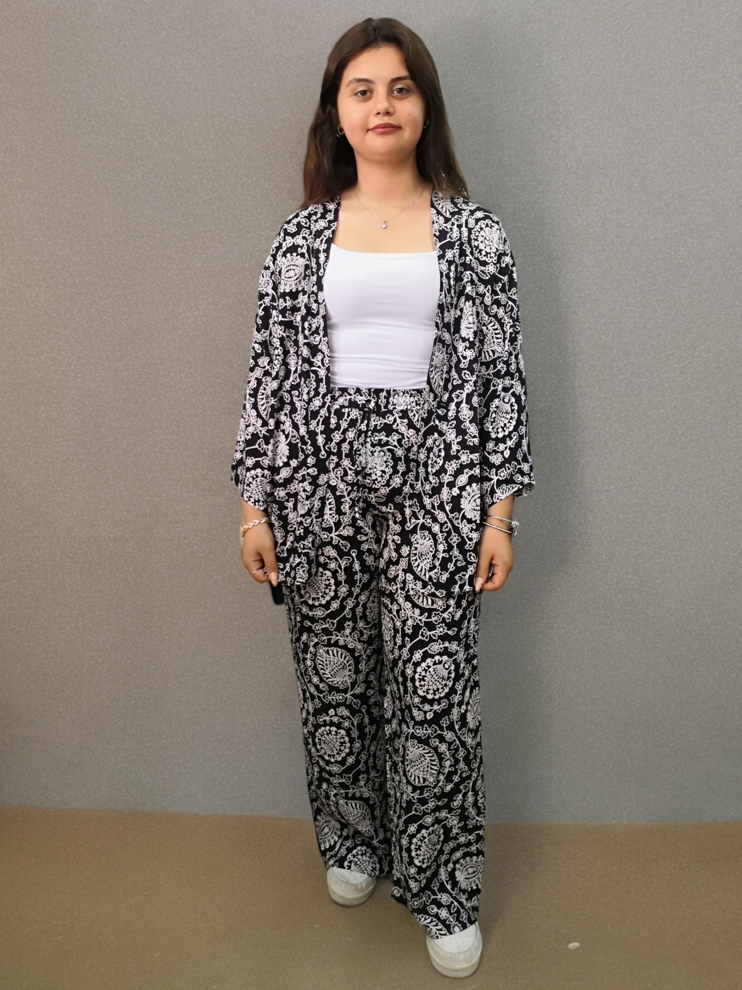 Viskon Desenli Kimono Takım