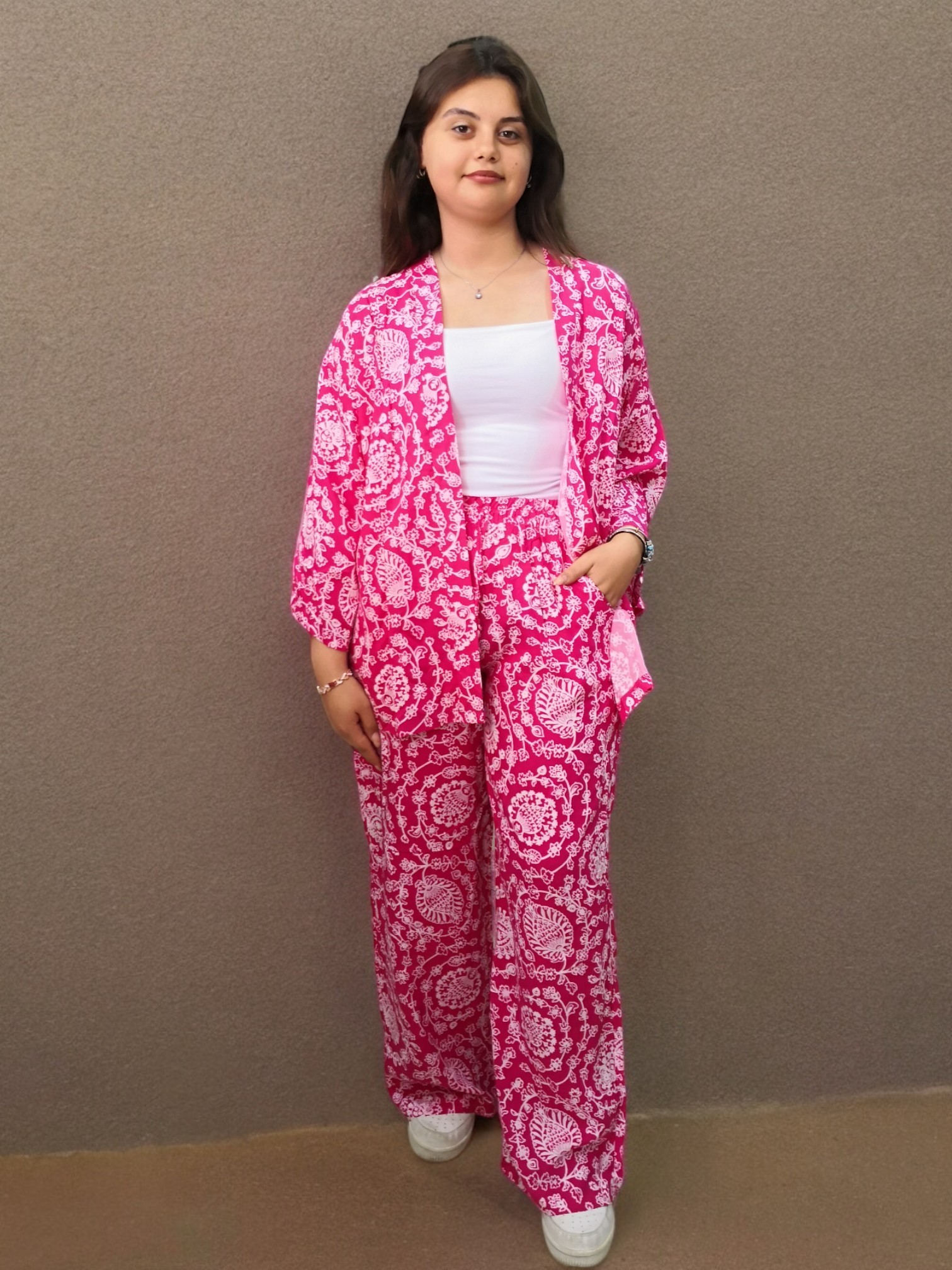 Viskon Desenli Kimono Takım - Pembe