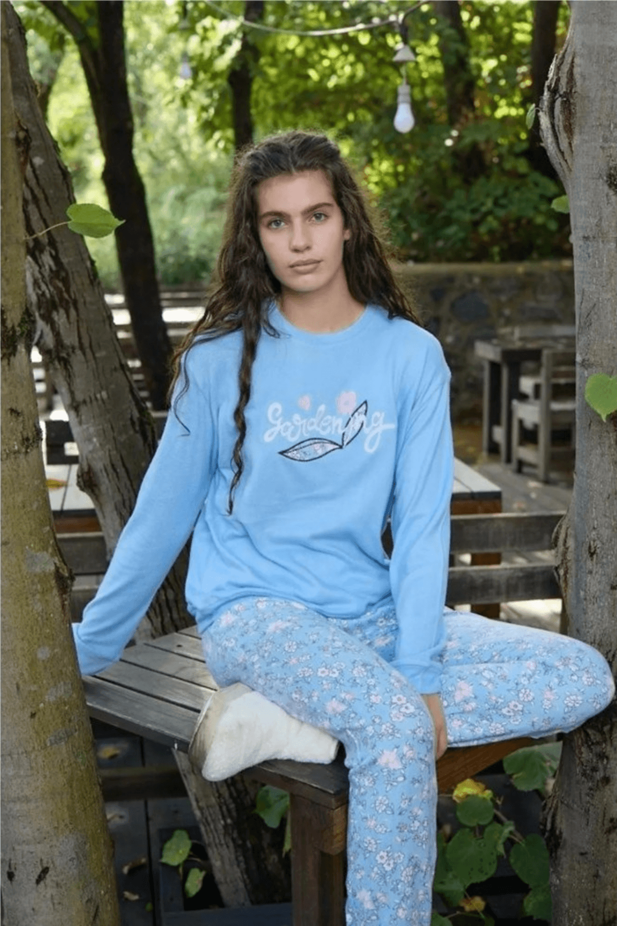 Mavi Çiçek Desenli Kadın Termal Pijama Takımı